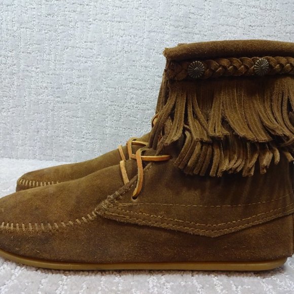 Minnetonka Tramper Womens Size 8 US Brown Suede Double Fringe Boots #623 - Picture 2 of 10
